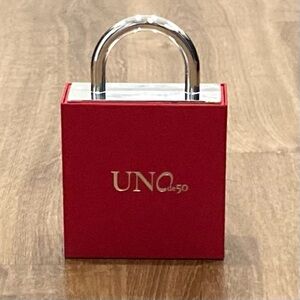 UNO de 50 Red Padlock Box with Silver Handle Black Velvet Lined 4x4 inch NWT